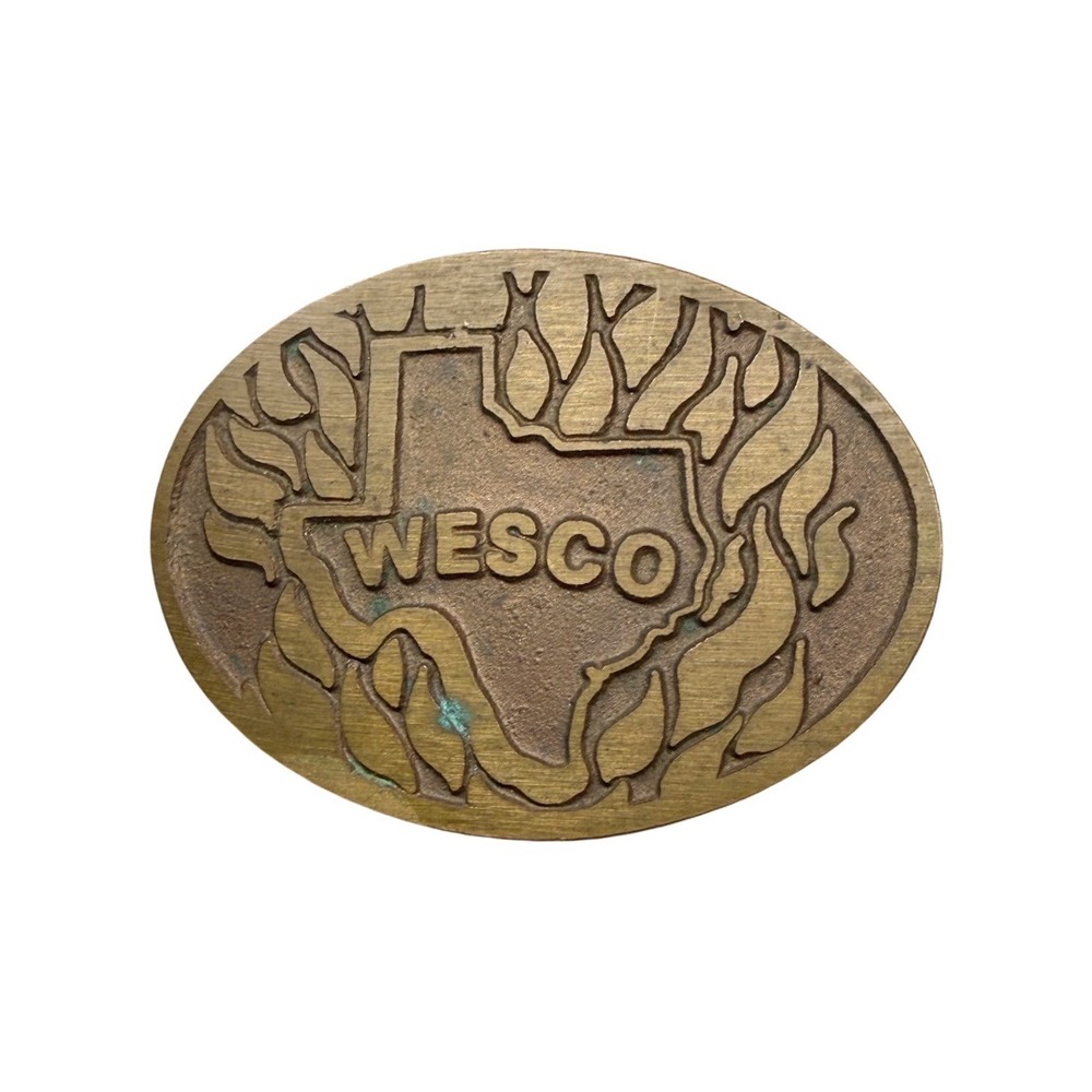 Vintage Wesco Texas State‎ Embossed Solid Brass Oval Belt Buckle Western Patina